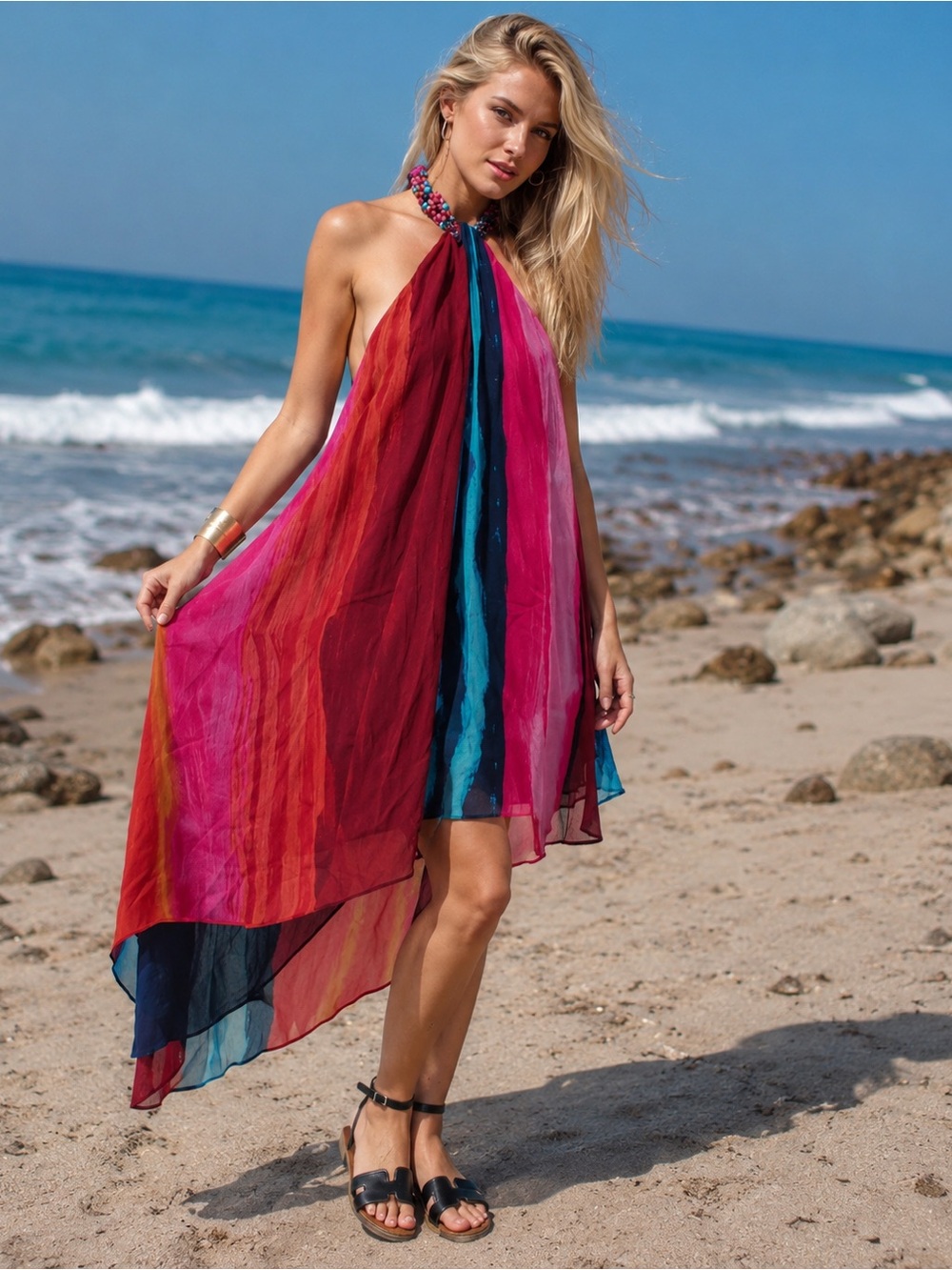 Zara Multicolor Beaded Halter Maxi Dress Size S NWT Asymmetrical Resort Dress